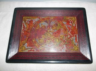 Olinala Carved Wood Lacquer Tray Hand Painted 15x12 Butterfly Mexican Folk Art