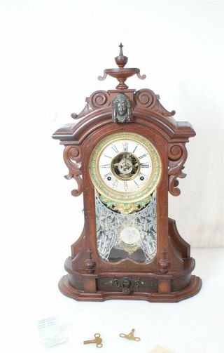 Antique Ansonia C 1880 Mantel Clock W/crystal Waterford Pendulum Black Walnut