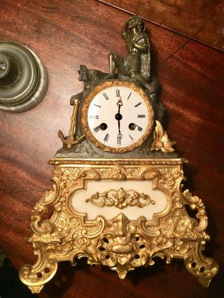 Antique French Bronze Marble And Ormolu Silk Suspension Mantle Clock