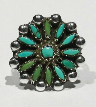 Old 1950s Zuni 925 Silver Natural Green Blue Petipoint Turquoise Cluster Ring 7