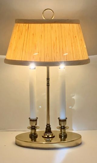 Vintage 18” Solid Brass French Bouillotte Table Lamp With Beige Fabric Shade
