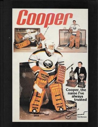 1985 Cooper Hockey Goalie Equipment " Tom Barrasso " Vintage Print Advertisement