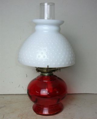 Vintage Ruby Red Glass Oil Kerosene Lamp Milk Glass Hobnail Shade Eagle Burner