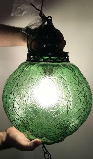 Vintage Glass Globe Hanging Swag Lamp Mid Century Modern Green