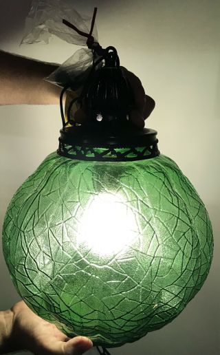 Vintage Glass Globe Hanging Swag Lamp Mid Century modern Green 2