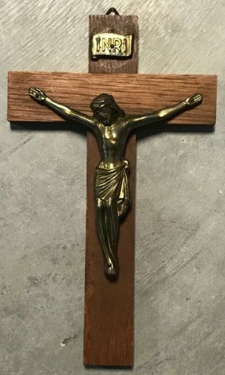 Vintage Wood And Brass Wall Hanging Cross Crucifix