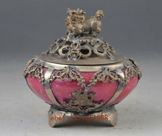 Exquisite Chinese Tibetan Silver Carving Kylin Inlay Red Jade Incense Burner