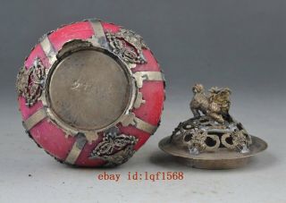 Exquisite chinese Tibetan silver carving kylin inlay red jade Incense burner 2