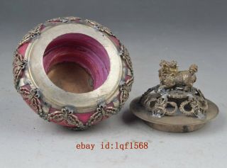 Exquisite chinese Tibetan silver carving kylin inlay red jade Incense burner 3