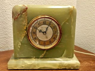 C1945 Art Deco Waltham Green Onyx & Brass Electric Mantle Clock