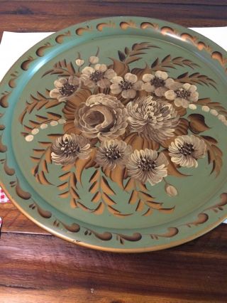 Vintage Toleware Metal Tray Hand Painted Flowers On Green 18x18 Round Some Wear