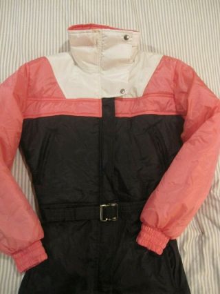 Vintage Womens Pink /blk /white Belted Ski Snow Suit Snowboard One Piece Small