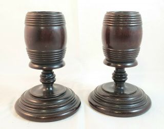 19th C.  Treen Wood Carved Candlesticks Pair