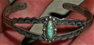 Antique C1930 Navajo Coin Silver Turquoise Bracelet Arrow Stamp Bell Tradin Vafo