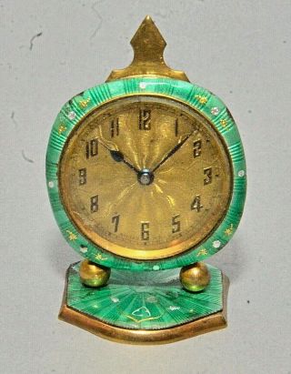 Old Swiss Art Deco Miniature Green Guilloche Enameled Wind Up Clock