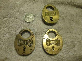 3 Old Brass Padlocks - Simmons,  Safe And Motor.