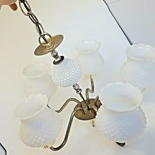 Vintage Brass & Hobnail Chandelier Milk Glass Shades/globes Ceiling Swag Light