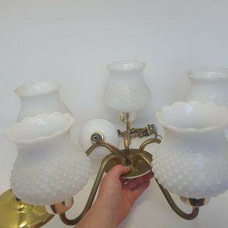 Vintage Brass & Hobnail CHANDELIER Milk Glass Shades/Globes Ceiling Swag Light 2