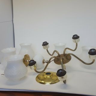 Vintage Brass & Hobnail CHANDELIER Milk Glass Shades/Globes Ceiling Swag Light 3