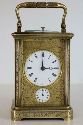 Antique French Carriage Clock With Engraved Case Bell Strike,  Repeat & Alarm