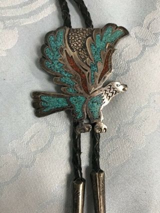 Vintage Navajo Tommy Singer Crushed Turquoise & Coral Silver Eagle Bolo Signed