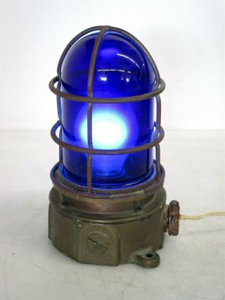 Pemco Vintage Industrial Brass Light Cage Ship Lamp - Blue Glass -