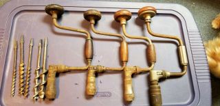 Set Of 4 Brace Tool Handles.  Antique Vintage Hand Tools One Craftsman W 5 Bits