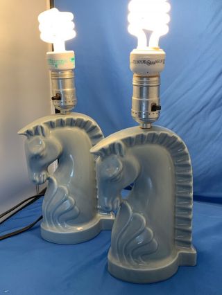 Two Vintage Shiny Gray Ceramic Stallion Horse Head Table Lamps From The 1950 