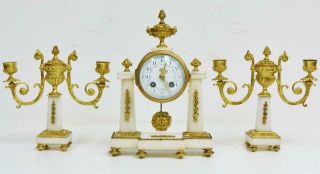 Small Antique French 19thc Empire 8 Day Bronze & Marble Portico Mantel Clock Set