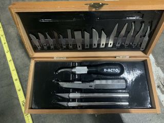 Vintage X - Acto Knife Set (22) Piece In Wood Dovetail Box Collectible