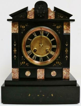 Antique French 8 Day Engraved Slate & Marble Architectural Striking Mantel Clock