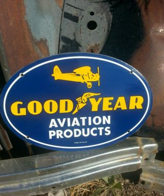 1939 Goodyear Aviation Tires Porcelain Sign Vintage Gas Pump Plate Airplane