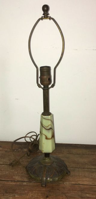 Ca.  1940 Antique Art Deco Era Slag Glass Light Green Caramel Swirl Old Lamp Base
