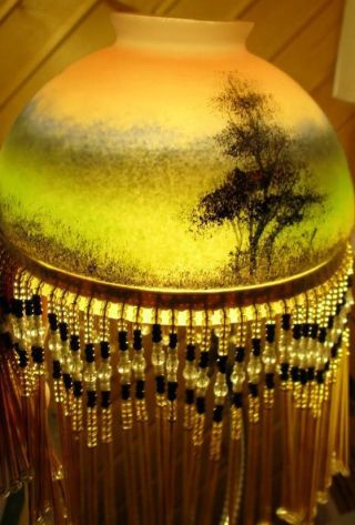 Vtg Reverse Painted Frosted Glass Beads Beaded Lampshade Lamp 5.  75 "