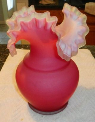 Victorian Pink Satin Glass Cased Over White Deep Ruffle 10 " Vase
