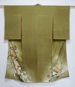 Japanese Kimono Silk Antique Houmongi / Embroidery / Ume Tree / Vintage /307