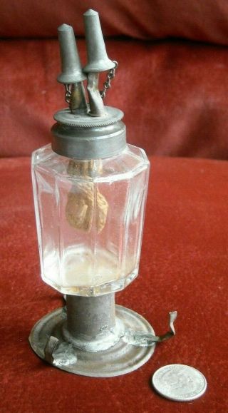 Antique Vintage Miniature Double Burner Whale ? Oil Lamp.  Metal Base