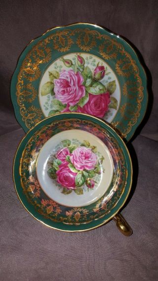 Eb Foley Tea Cup & Saucer Signed P.  Granet - Green,  Gold & Roses England