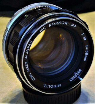 Vintage Minolta 58mm Mc Rokkor - Pf 1.  4 Lens Prime Vf W/caps