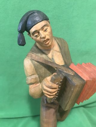 14” Swiss Black Forest Wood Carving Figurine Painted Accordion Player