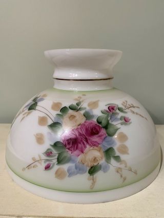 Antique 10 " Hand Painted Floral Milk Glass Shade