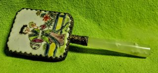 Antique Chinese Famille Rose Hand Painted Porcelain Hand Mirror & Jade Handle