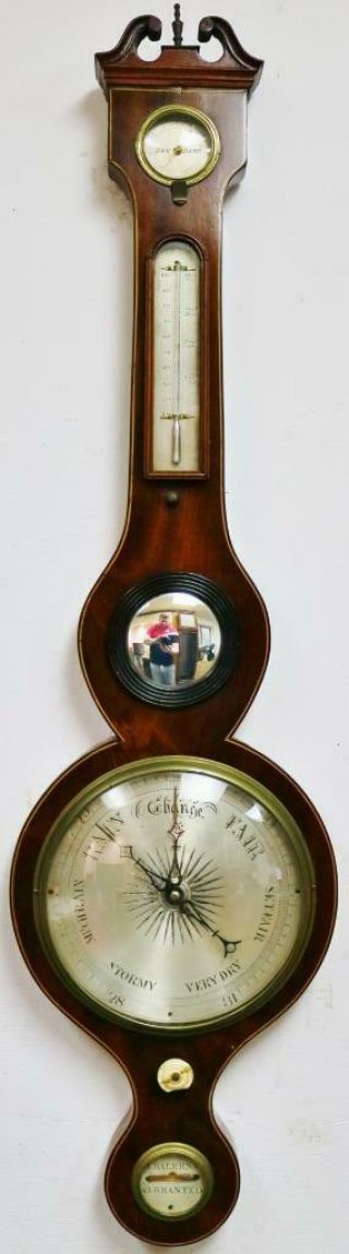 Antique English Banjo Inlaid Mahogany Wall Barometer,  Thermometer & Hydrometer