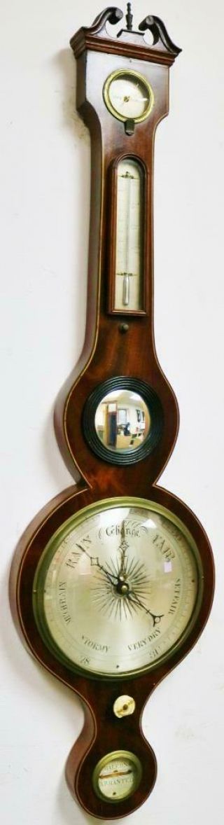 Antique English Banjo Inlaid Mahogany Wall Barometer,  Thermometer & Hydrometer 2