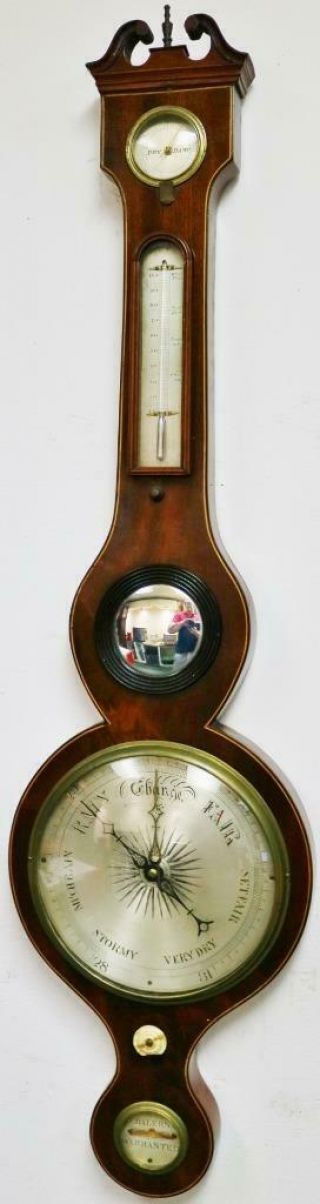 Antique English Banjo Inlaid Mahogany Wall Barometer,  Thermometer & Hydrometer 3