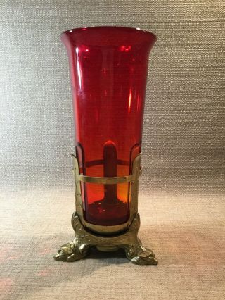Antique Vtg Gothic Dragon Foot Ruby Red Glass Votive Fairy Lamp Candle Holder