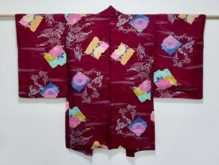 Japanese Kimono Silk Antique Long Haori / Purple / Flower / Silk Fabric /367