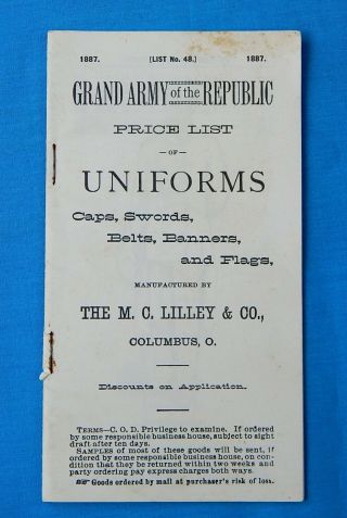 1887 Grand Army Republic Gar M.  C.  Lilley & Co.  Price List Book Uniform Sword Cap