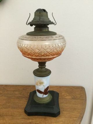 Vintage Oil Lamp Base Glass Metal Brass Painted