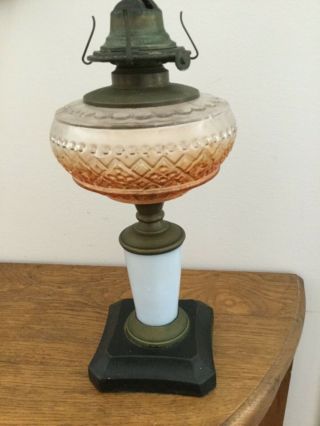 Vintage Oil Lamp Base Glass Metal Brass Painted 2
